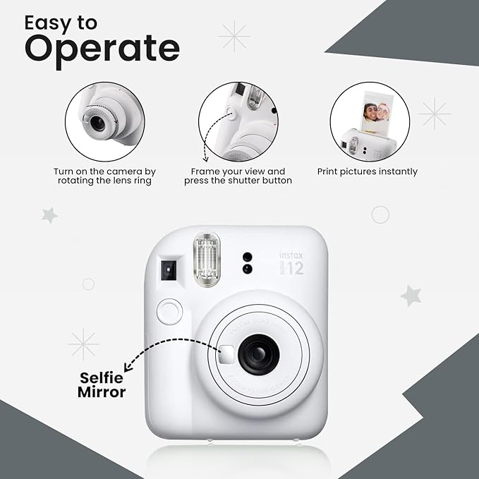 Fujifilm Instant Mini 12 Camera + Accessory Bundle & Custom Case + Fuji Instant (20 Shots) Designer Mini Photo Album (60 Pockets) (Clay White)