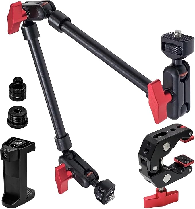 22" Magic Arm w Clamp Mount, Adjustable Overhead Phone Mount Stand, Articulating Friction Boom Arm w Thread Adapter for Webcam Tripod Light Video Rig Camera