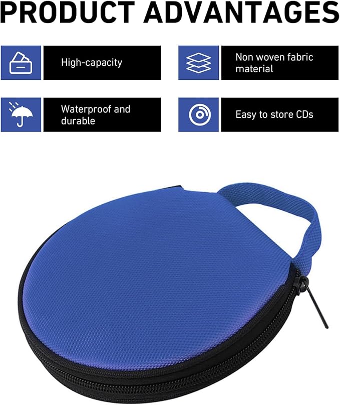 1 PC Car CD Case, Oxford Cloth Round CD Storage Bag with Handle, Waterproof Portable Large Capacity DVD Wallet File Organizer, Universal for Most Cars, Homes (Blue)