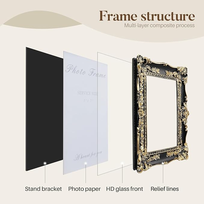 Cuspin 5x7 Picture Frame Black and Gold Frames, Vintage Baroque Handcrafted Resin Frames with Glass Front, Ornate Textured Design Decorative Picture Frame for Tabletop & Wall Display