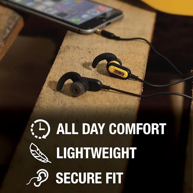 DEWALT Heavy Duty Wired Earphones with Microphone, Jobsite Earbuds Wired 3.5mm, Water-Resistant 3.5mm Earbuds with Mic, Connected Headphones for Outdoor Work