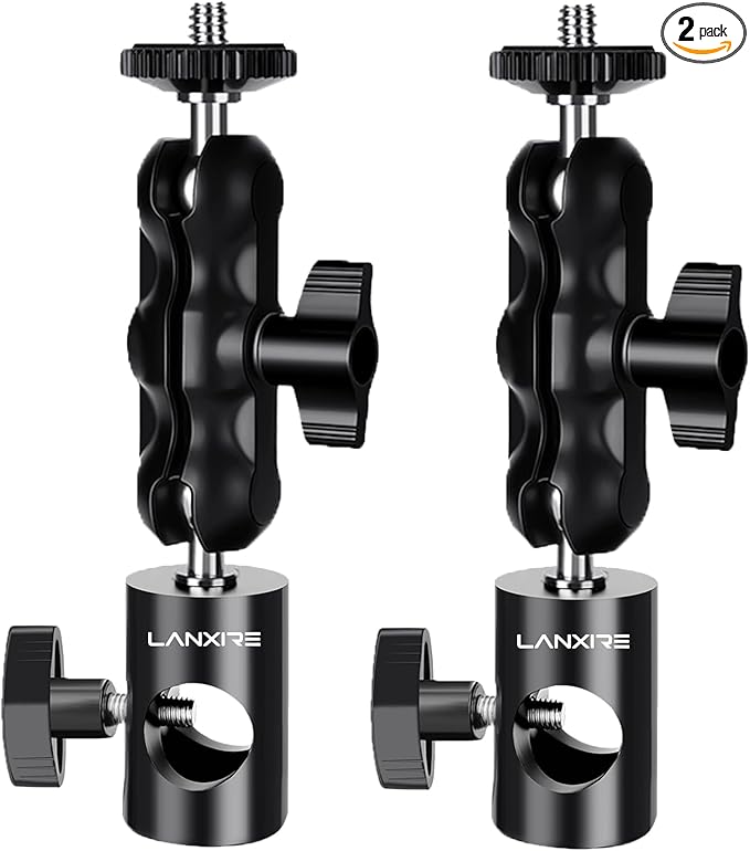 Lanxire 1/4" Screw Mount Adapter (2 Pack) with Dual Joint Tilt for C Stand Boom Arm, Mount Converter with Double Ball Head, for Flash Bracket Photography Light Stand Overhead Camera Mount, 0213
