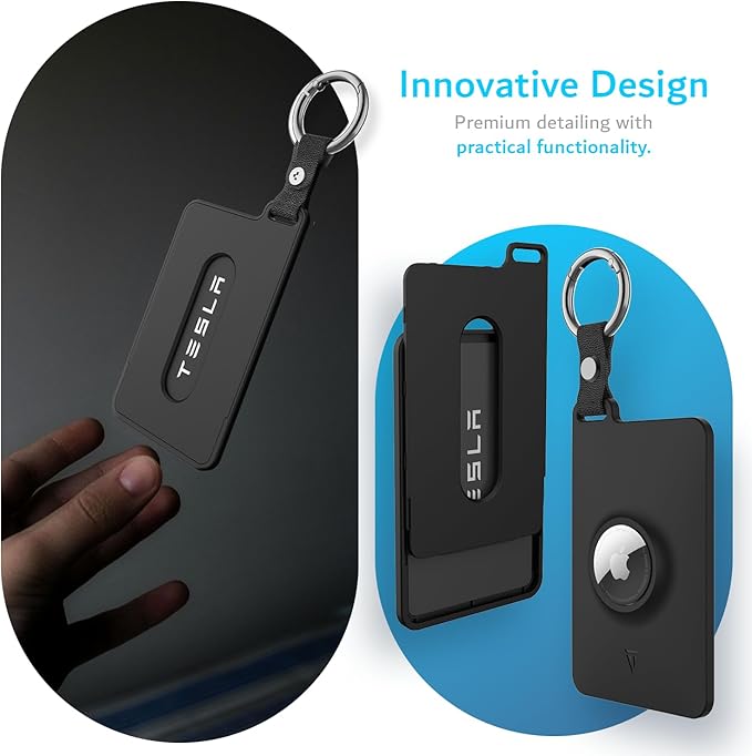 TUDIA Card Holder Case Designed for Tesla Key Card with Airtag Slot - [2 Pack] KeyCard cover for Model 3 Y S X Cybertruck with Carabiner & Scratch-Resistant Protective Card Film