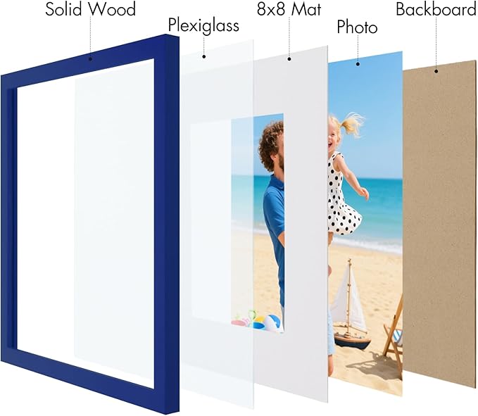 Vittanly 12x12 Picture Frame, Made of Solid Wood and Shatterproof Plexiglass, Display Pictures 8x8 with Mat or 12x12 without Mat, Wooden Photo Frame for Wall Mounting, Royal Blue, 1 Pack
