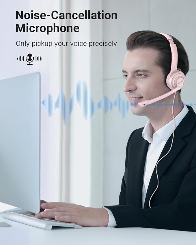 NUBWO HW02 USB Headset with Microphone Noise Cancelling &in-line Control, Ultra Comfort Computer Headphones for Laptop pc, On-Ear Wired Office Call Center Headset for Boom Skype Webinars (Pink)