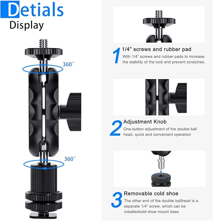Magic Arm Cool Ballhead Double Ball Head Adapter with 1/4’’ Screw and Cold Shoe Mount - 2 Pack for Cameras, Camcorders, Monitor, Flash, LED Light, Microphone, and More