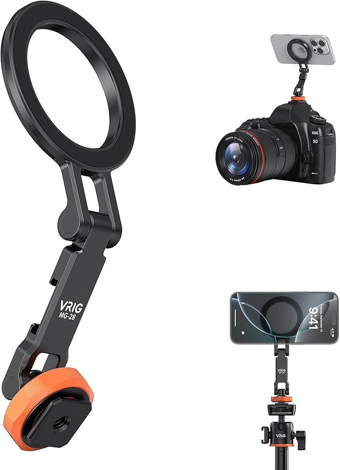 VRIG MG-28 Metal Phone Tripod Mount for magsafe, Magnetic Camera Mount for iPhone 17 16 15 14 13 12, 360° Rotation Adjustable Cold Shoe Phone Mount for Cameras, Tripods