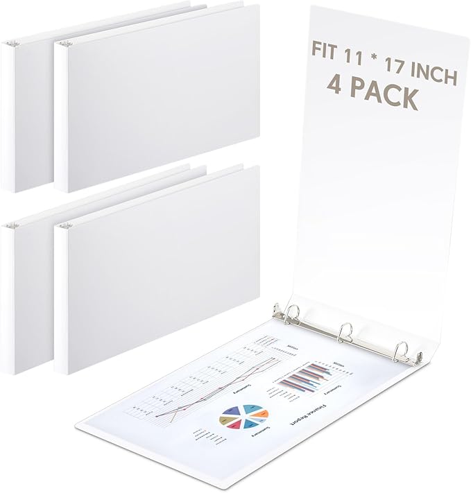 Humyoun 4 Pcs 11 x 17 Inch 3 Ring Binders 0.5 Inch Rings Heavy Duty View D Ring Binders Economy Holds 11" x 17" Paper for Artwork Blueprints, Office, Home, Work Places(White)
