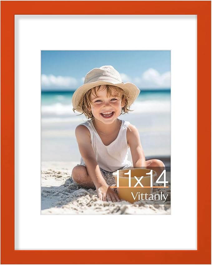 Vittanly 11x14 Picture Frame, Made of Solid Wood and Shatterproof Plexiglass, Display Pictures 8x10 with Mat or 8x10 without Mat, Wooden Photo Frame for Wall Mounting or Tabletop, Orange, 1 Pack