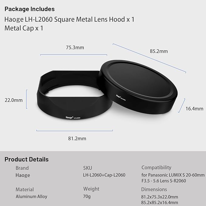 Haoge Square Metal Lens Hood for Panasonic LUMIX S 20-60mm F3.5-5.6 Lens with Metal Cap Kit S-R2060 Bayonet Shades Accessories