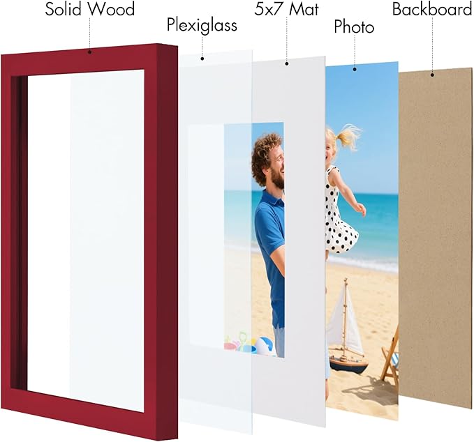 Vittanly 8x10 Picture Frame, Made of Solid Wood and Shatterproof Plexiglass, Display Pictures 5x7 with Mat or 8x10 without Mat, Wooden Photo Frame for Wall Mounting or Tabletop Display, Red, 1 Pack