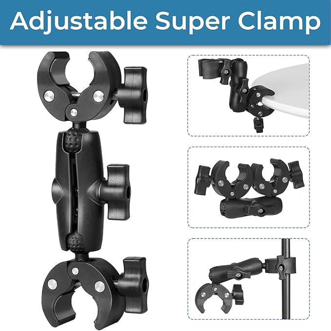 Sequpr Super Clamp Double Camera Clamp Mount with Non-Slip Head, Magic Arm Double Ball Head Adapter for Photography Light Stand, Umbrella, Selfie Stick, Reflector, Desktop, Cross Bars