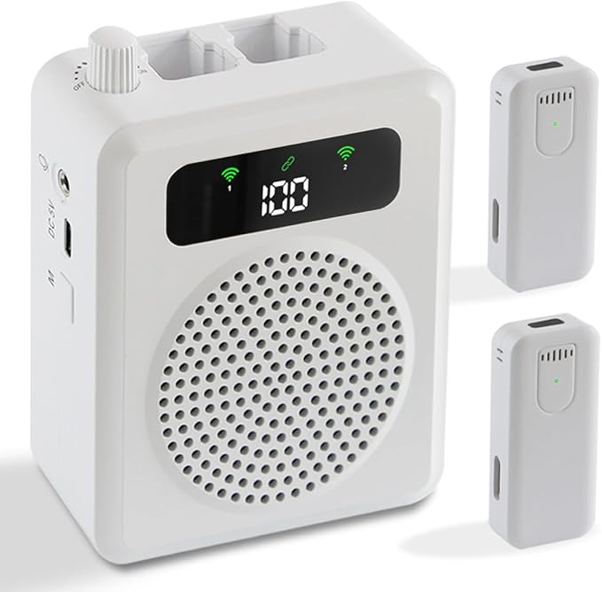 Wireless Voice Amplifier with Lavalier Microphones, Portable Voice Amplifier, Microphone with Speaker, Mini Megaphone with Clip on/Lapel Mic Teacher Microphone for Classroom Speech (White)