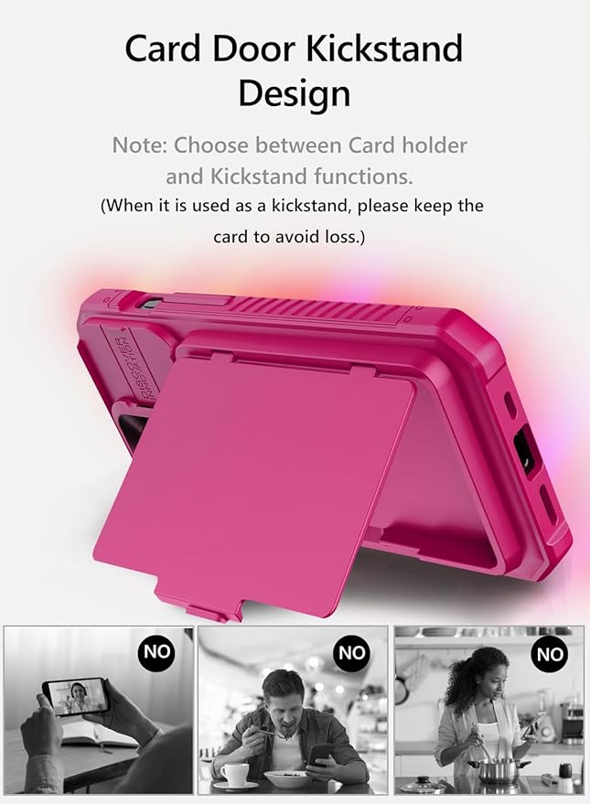 Vihibii for iPhone 15 Pro Case with Card Holder (4 Cards) & Slide Camera Cover & Kickstand, Shockproof Rugged Hard Back & TPU Soft Edge Wallet Phone Case for iPhone 15 Pro 5G 6.1" 2023 (Pink)