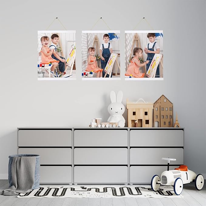 YK artwood 3 Pack Magnetic Poster Hanger Frame White, 8x10 8x12 8x16 Poster Frame Wood Wooden Magnet Print Posters Dowel Scroll Hanger Hangers Hanging Kit for Walls Map Canvas Artwork