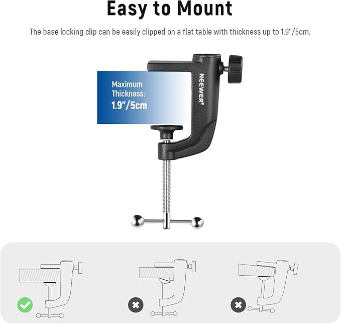 NEEWER Metal Table Mounting Clamp for Microphone Suspension Boom Scissor Arm Stand Holder with an Adjustable Positioning Screw, Fits up to 1.9inch/5centimeters Desktop Thickness (Black)