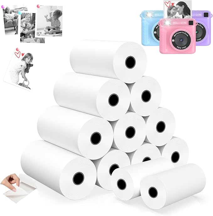 12 Rolls Mini Thermal Printer Sticker Paper, Kids Instant Camera Refill Print Paper, Atnadov HD Thermal Paper for Most Kids Instant Camera (White-12 Rolls Sticker Paper)