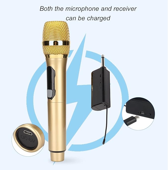 Handheld Microphone, Plug and Play Karaoke Wireless Microphone 50m Receiving 600Hz to 800KHz Multipurpose for Home (Gold)