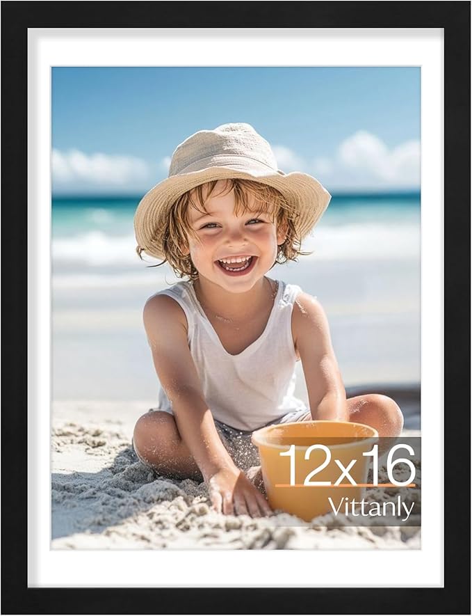 Vittanly 12x16 Picture Frame, Made of Solid Wood and Shatterproof Plexiglass, Display Pictures 11x14 with Mat or 12x16 without Mat, Wooden Photo Frame for Wall Mounting, Black, 1 Pack