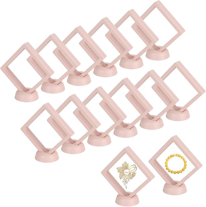 12PCS 3D Floating Frame Case with Stands, Challenge Coin Display Stand Holder, Gift Packing Frame Showcase for Earrings, Jewelry, Medallions, Specimens, 3.54x3.54 Inch (Light Pink)