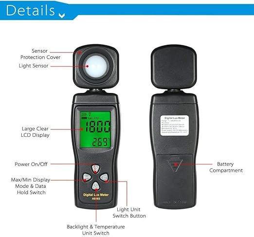 Cheffort Digital Lux Meter, Illuminometer, Photometer, 0～200,000 Lux Measure Range, Lux/FC Unit Selection for Homes, Agriculture, Warehouses, Farms, Stage, Stadiums