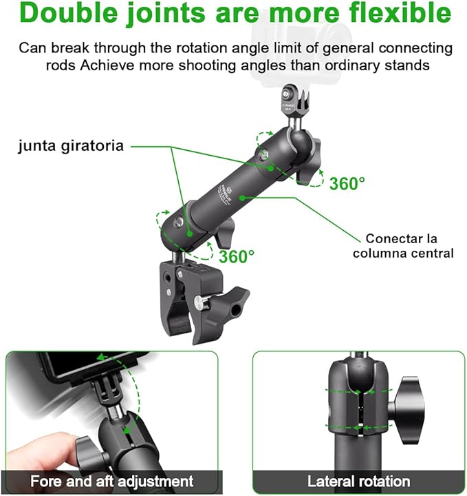 FANAUE Super Clamp Camera Mount Monitor Magic Arm Double Ball Head Adapter with 1/4"-20 Thread for Canon/Nikon/DSLR/Gopro/LED Lights/Insta360, Action Camera Can be Mounts on Bike Motorcycle Handlebar