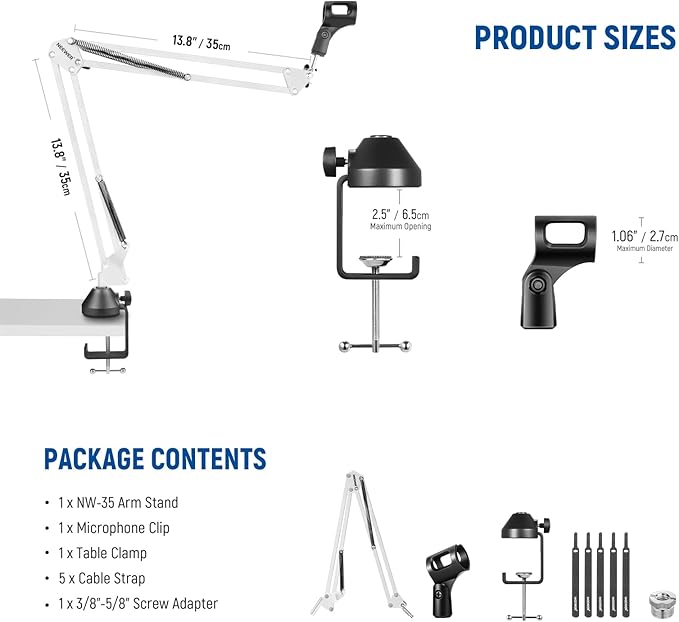 NEEWER Suspension Boom Arm Scissor Mic Stand, Microphone Arm Desk Stand with 3/8" to 5/8" Screw, Cable Ties Compatible with Blue Yeti Snowball Yeti X Quadcast, Max Load 3.3lb/1.5kg, NW-35, White
