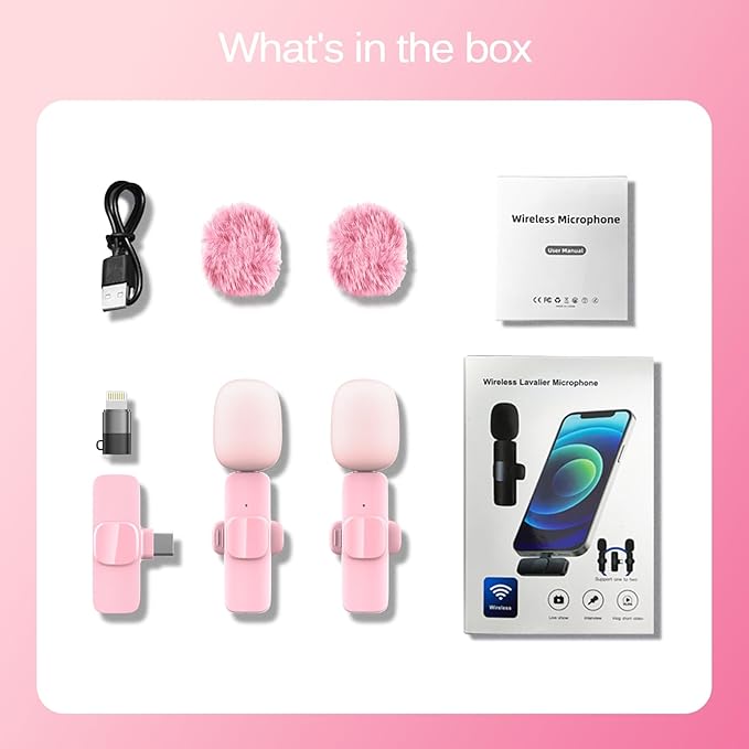 Wireless Lavalier Lapel Microphone for iPhone, iPad, mini Video Recording Mic for Interview Video Podcast Vlog YouTube & Livestream, Noise Reduction, Plug & Play (Pink Type C & Lightning Port)