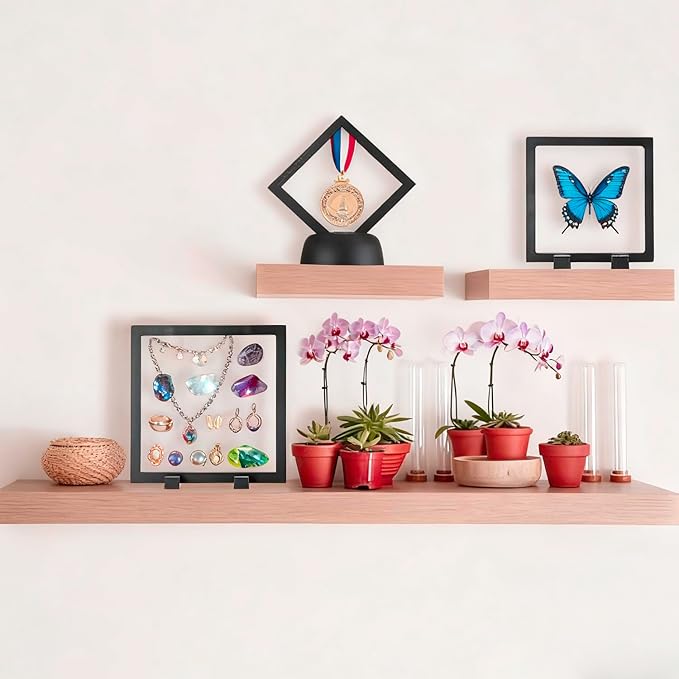 3PCS 3D Transparent Floating Frame with Stand, Challenge Coin Display Holder, Floating Display Case for Jewelry, Medals, Specimens, Small Items, Fossils Rocks,6.3 x 6.3 inch