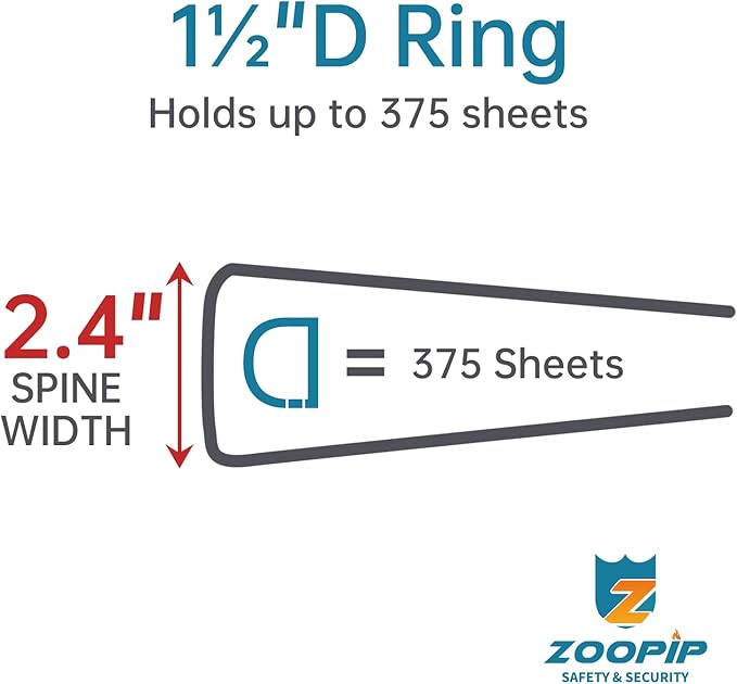 ZOOPIP Fireproof 3 Ring Binder with Zipper, 1.5 Inch D Rings Hold up 375 Sheets of 8.5" x 11" (A4), Compatible with Clear Page Protectors, Built-in Net and Pen Holder(Black, 1 Pcs)