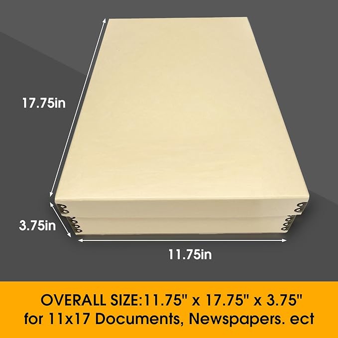 Golden State Art, Archival Storage Box, Acid-Free Drop Front Museum Box with Metal Edge for Storing Artwork Photos Documents Prints Arts And Crafts (11.75x17.75x3.75 Inches)