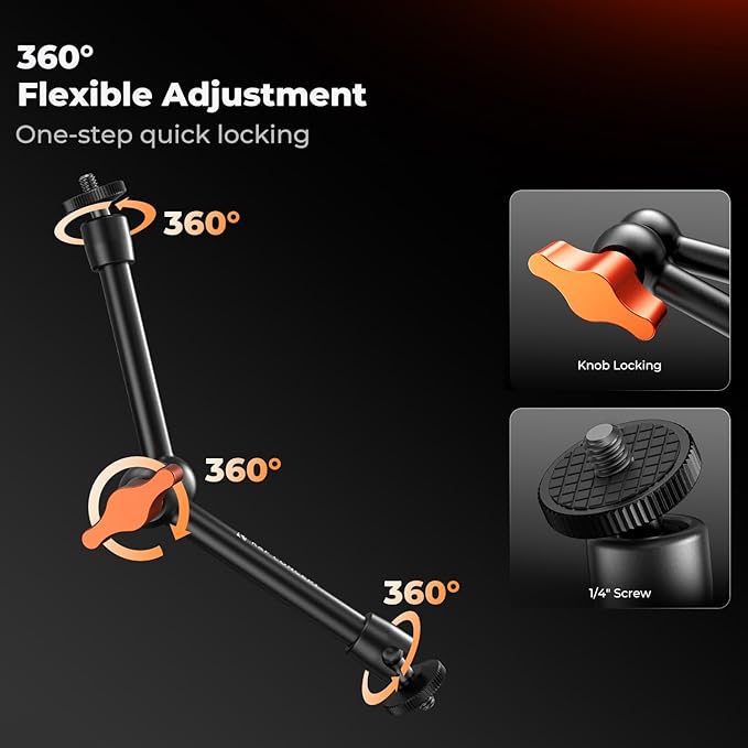 K&F CONCEPT 9.8" Magic Arm Clamp with Cold Shoes 360° Ball Heads Camera Arm Mount for Monitor/Flash/Microphone/DSLR Camera