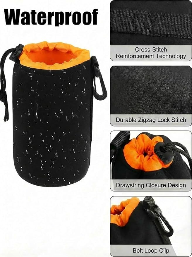 AIToWisely M Size (Medium) Camera Lens Pouch, Thick Protective Neoprene Bag Storage Cover Case with Drawstring Design, Soft Plush Interior, Compatible for Canon, for Nikon, for Sony DSLR Lenses