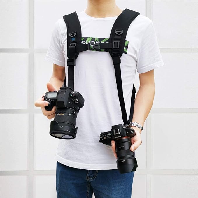 PULUZ Dual Camera Shoulder Harness Quick Release Double Camera Tether Strap Soft Pad Decompression Strap Belt With 1/4 inch Screw for DSLR SLR Cameras