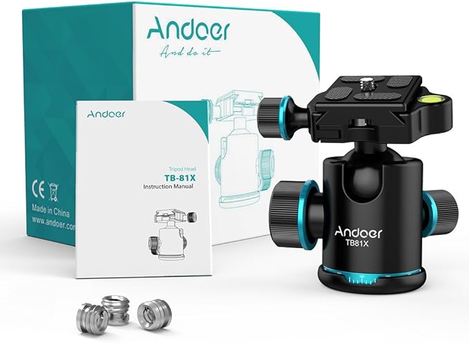 Andoer Tb81X Tripod Ball Head 360 Degree Rotating Panoramic Camera Quick Release Ball Head for Tripod Monopod Slider DSLR Camera with 3Pcs 1/4" to 3/8" Srew Adapters Max. Load 8Kg/17.64Lbs
