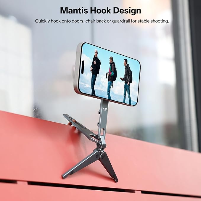 VRIG MG-34 Magnetic Phone Tripod Stand for iPhone, Aluminium Alloy Foldable Phone Stand for Desk/Handheld, 1/4'' Screw Hole, Cold Shoe Mount and Hook, Compatible with iPhone 17 16 15 14 13 12 Series