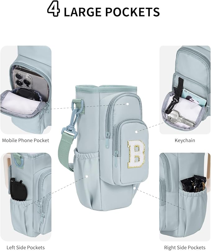 sportsnew Birthday Gifts for Women Personalized Initial Water Bottle Holder with Strap fits most 40oz Tumbler with Handle Water Bottle Carrier Bag with Phone Pocket & Straw Topper Tumbler Accessories