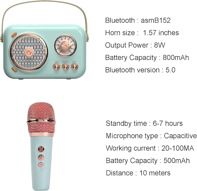 Retro Bluetooth Karaoke Speaker with Dual Wireless Microphones - Portable Rechargeable 1200mAh Battery, 10W HD Sound & 6 Voice Modes for Home Parties, Kids Gifts, Travel, Car Singing(White)