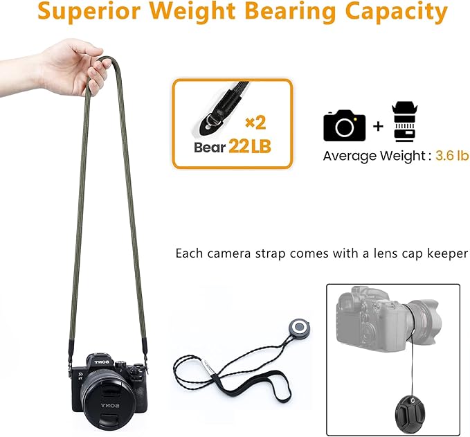 Camera Shoulder Strap Climbing Rope Camera Neck Strap for Mirrorless and DSLR Cameras, with Lens Cap Keeper (Green)