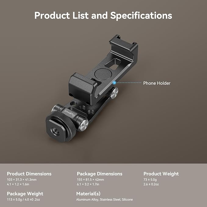 SMALLRIG Universal Metal Phone Support with Cold Shoe Mount, Smartphone Holder Adapter Support Free Adjustment Joints, Phone Tripod Mount for iPhone 17 16 15 14, for Samsung Galaxy etc. - 4382