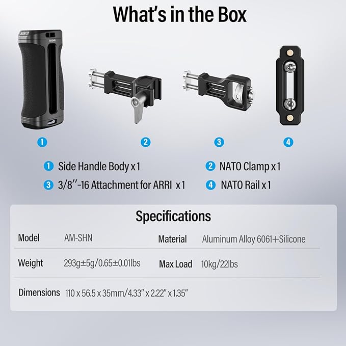 SIRUI Locating Side Handle for ARRI or NATO Mount Optional, Lightweight Camera Cage Handle Grip with Built-in Wrench, Cold Shoe, and Threaded Holes, Up and Down Adjustable, Black, AM-SHN, Pack of 1