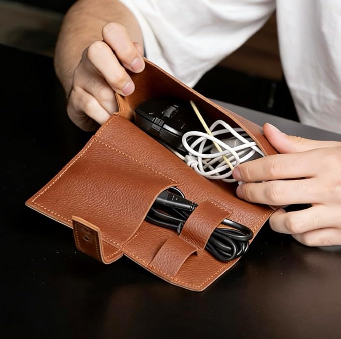 Vintage Pu leather Electronic organizer travel case,cord organizer travel, Leather charger shortage for essentials mouse, adapter, cables (vintage brown)