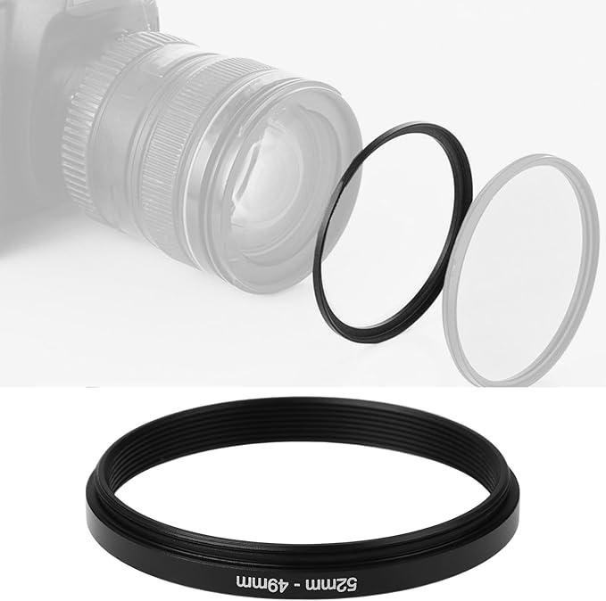 2Pcs 52mm to 49mm Step-Down Filter Adapter Ring Metal Threaded Lens Converter for Filters and Accessories