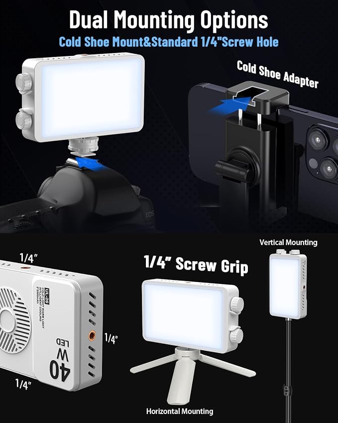 40W Portable LED Video Light, 4000mAh Camera Light, 3000-7000K, CRI/TLCI≥95, 215g LED DSLR Photography Lighting for YouTube/TikTok/Vlogging