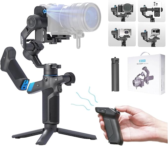 FeiyuTech SCORP Mini 3 Pro Kit Camera Gimbal 3-Axis Camera Stabilizer Built-in AI Track, 2kg Payload,14Hour Battery Life, Compatible with Mirrorless, Compact, Action, Cameras and Smartphones