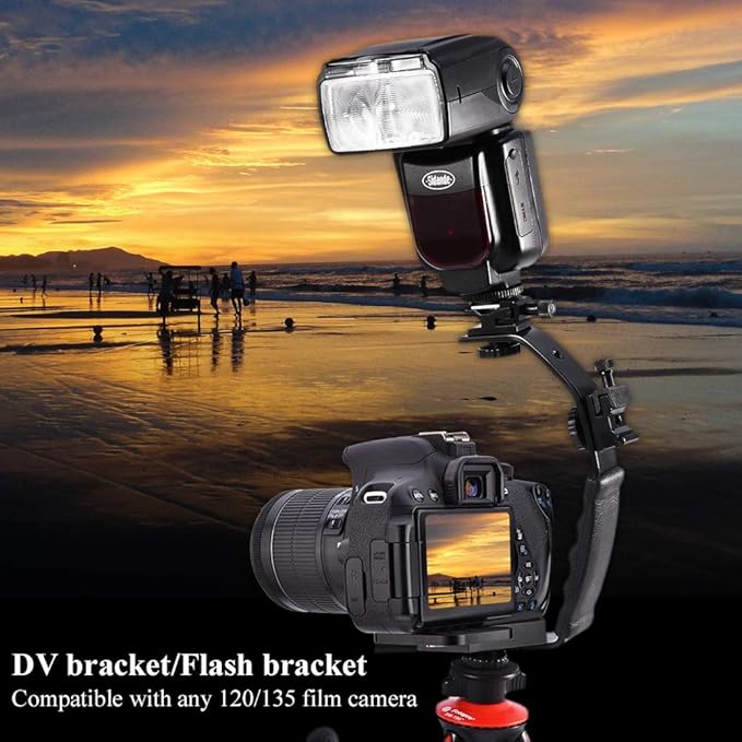 Culnflun Camera Flash Bracket L Shape, Aluminum Alloy Hot Shoe Mount Holder for External Flash Photography Compatible with 120 135 Film DV Cameras Black 192g