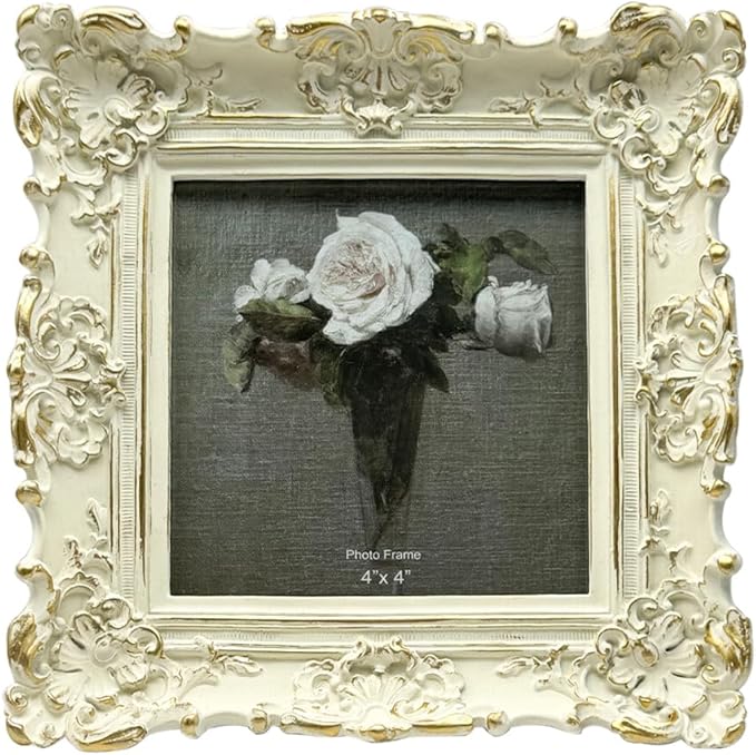 CISOO 4x4 Vintage Small Picture Frame, Antique Ornate White with Gold Square Photo Frame, for Table Top and Wall Display, Decorative Floral Design Retro Home Decor, Photo Gallery Art