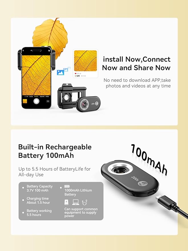 MIAO LAB 200X Phone Microscope with CPL Lens and LED/UV Light, Universal Clamp for iPhone/Android - Nano Zoom Portable Pocket Phone Microscope Lens Attachment