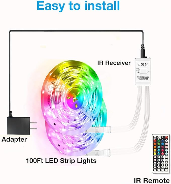 DAYBETTER Led Lights for Bedroom 100 ft, Led Strip Lights with Remote 44 Keys, 24 V Power Supply, Color Changing Led Light for Room Decor