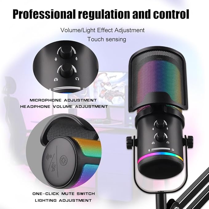 USB Gaming Microphone with Boom Arm - PC Mic for Streaming, Podcasting, Vocal Recording - RGB Condenser Kit with Noise Cancellation, Monitor Mix Knob, Mute Button & Pop Filter for Content Creator